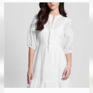 GUESS Mia Pintuck Silk Blend Elbow-Sleeve Button-Up Dress M Medium White Tie